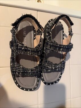 Stuart Weitzman women Black Tweed Pearl-Stud Sandals